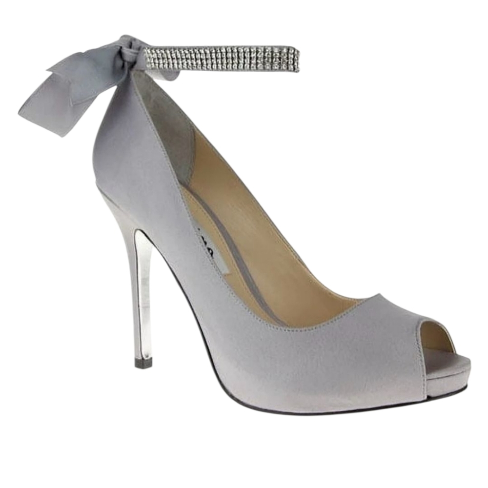 Nina Women Gray Satin PeepToe With Rhinestone Adjustable Strap Heels Size 8